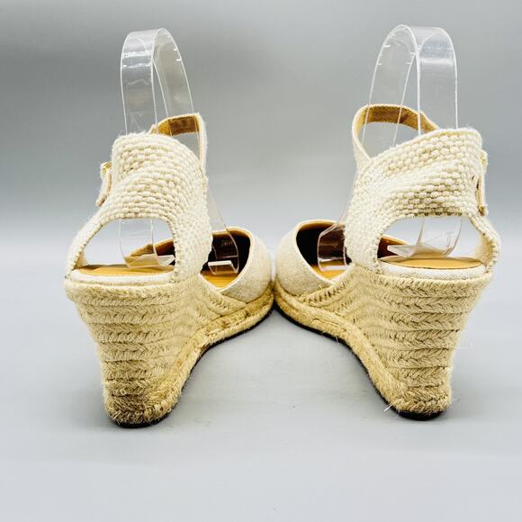 J Crew Sandals Womens 9.5 Beige Canvas Espadrille Wedge Closed Toe Ankle Strap - Picture 7 of 12